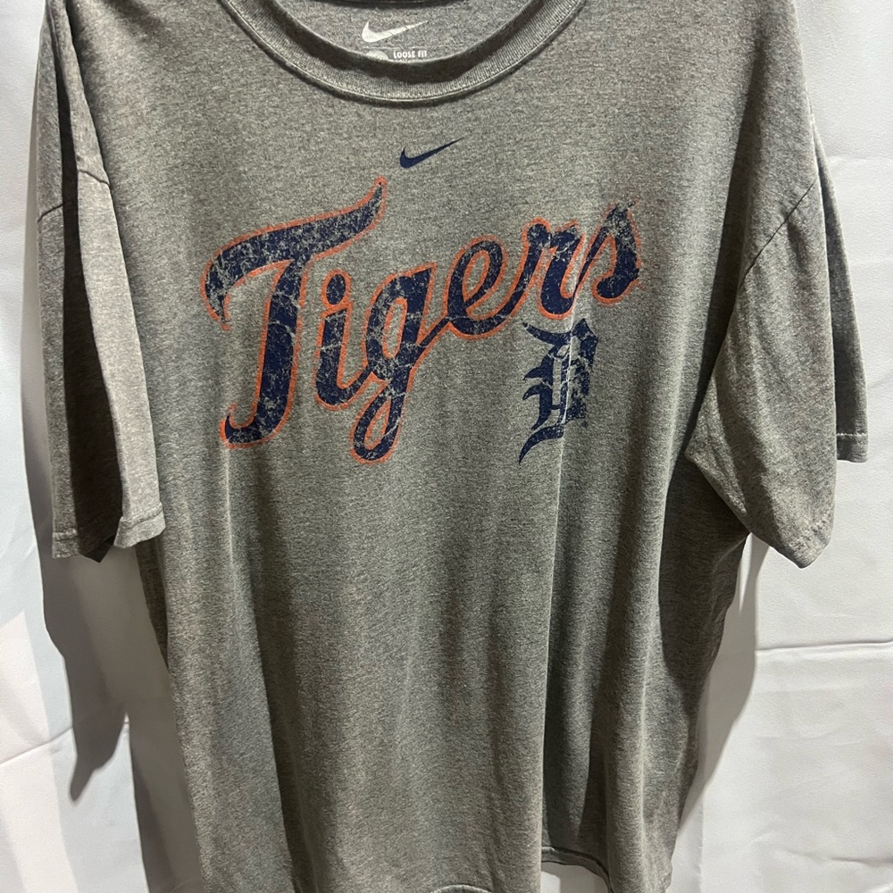 Nike Gray Detroit Tigers Script Tee with Navy and Orange Accents